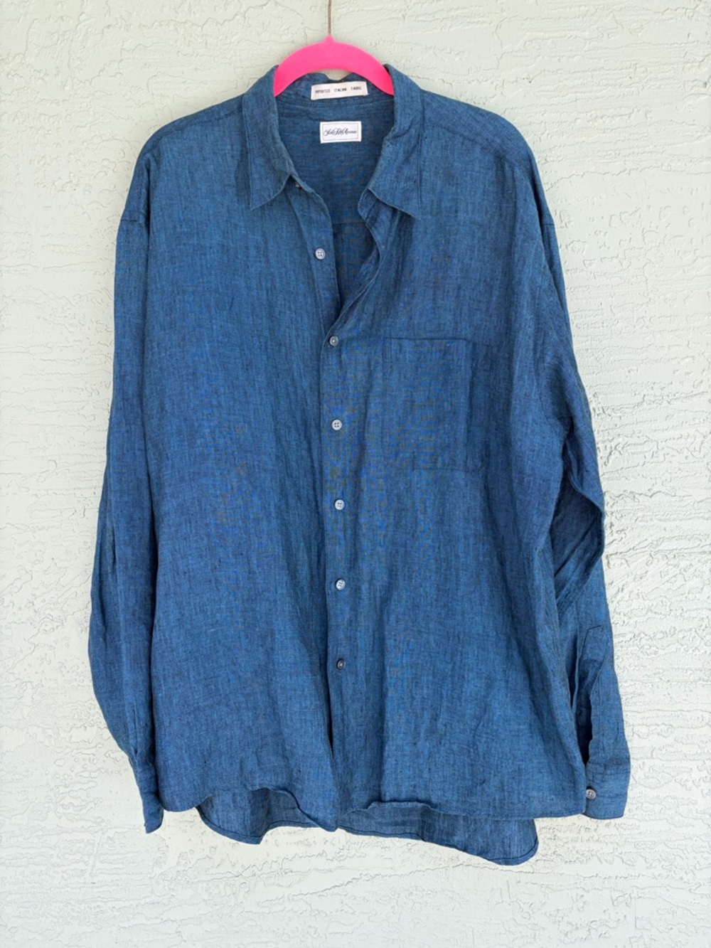 Linen Saks Fifth Avenue Button-Up Shirt Men's Size L Blue Solid Long Sleeve